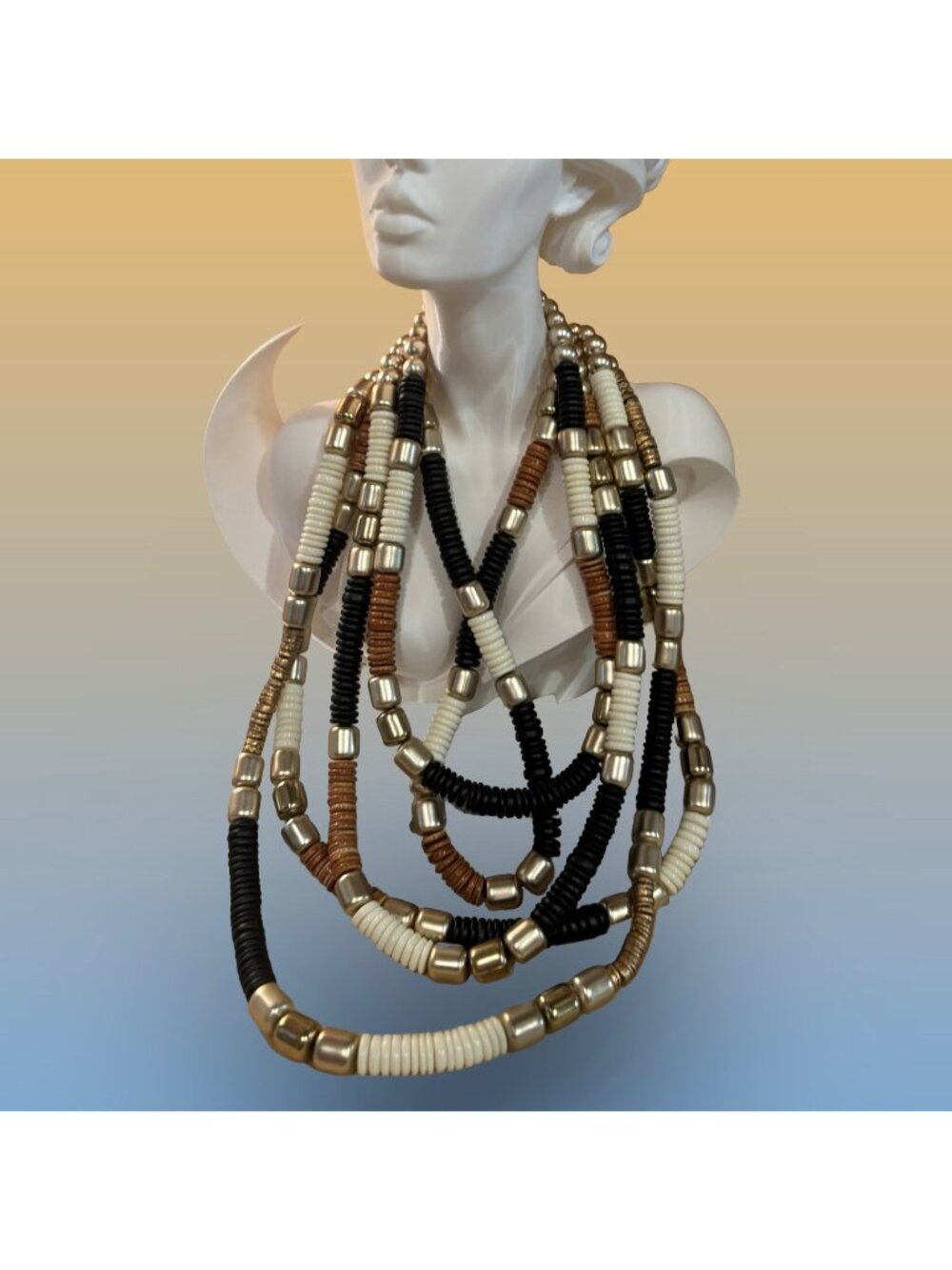 Multistrand Statement Necklace Beaded Golden Accents Retro Boho Style Vintage